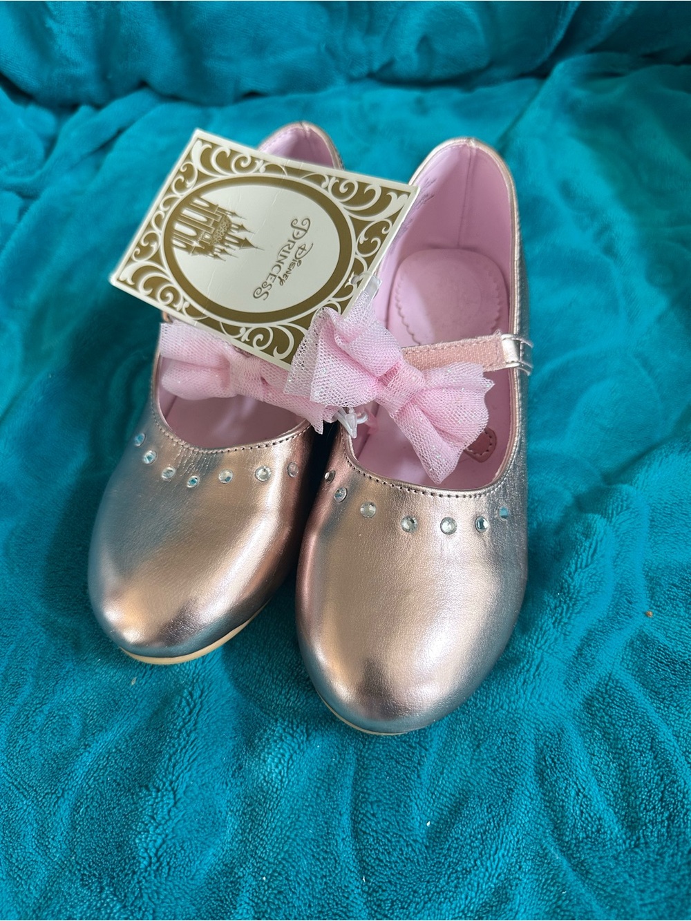 Disney Princess Rose Gold Mary Jane Shoes with Pink Bow sz 1